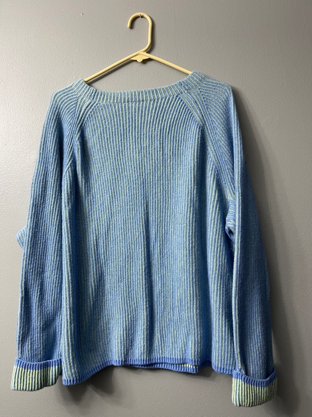 Talbots Ribbed Crewneck Sweater in a blue and lime green color combination.